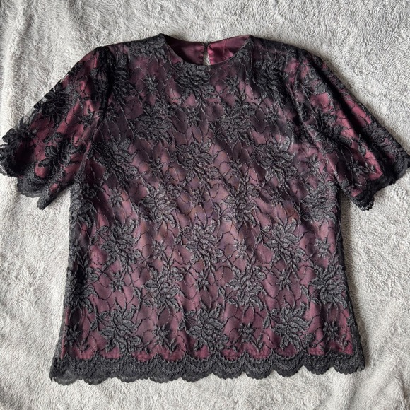 Erica Louis Tops - Vintage Erica Louis Lace Blouse M Burgundy Black Floral Sheer Goth Romantic USA
